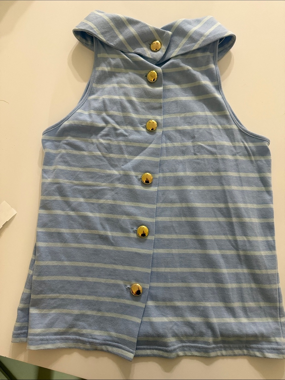 Sail to Sable Light Blue & White Striped collared Tank with back Gold Buttons